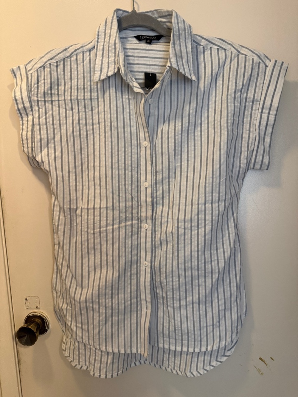 Bliss White and Light Blue Vertical-Striped Short Sleeve Button-Down